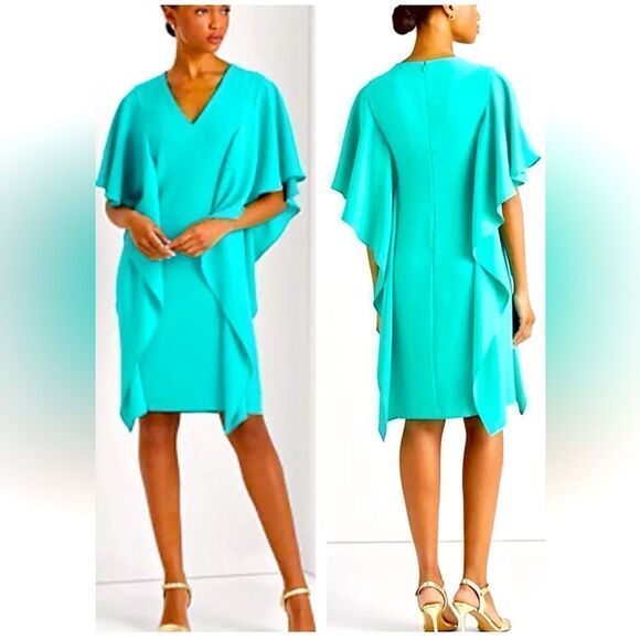 LAUREN RALPH LAUREN GEORGETTE CAFTAN COCKTAIL DRESS TURQUOISE SIZE 12~NWT - Picture 1 of 6